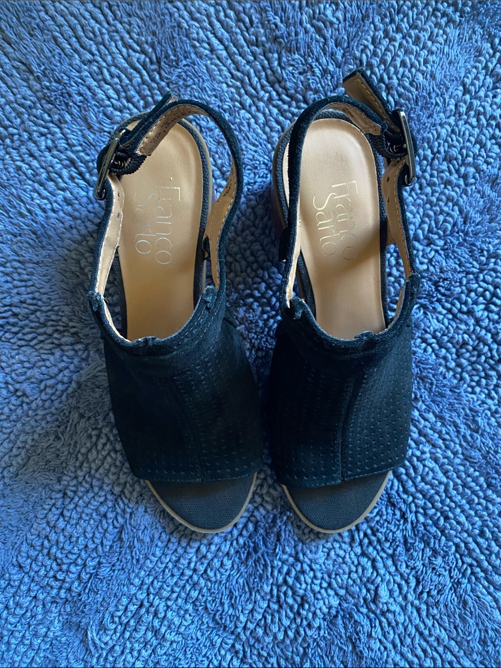 Franco Sarto Black Open-Toe Slingback Wedge Sandals